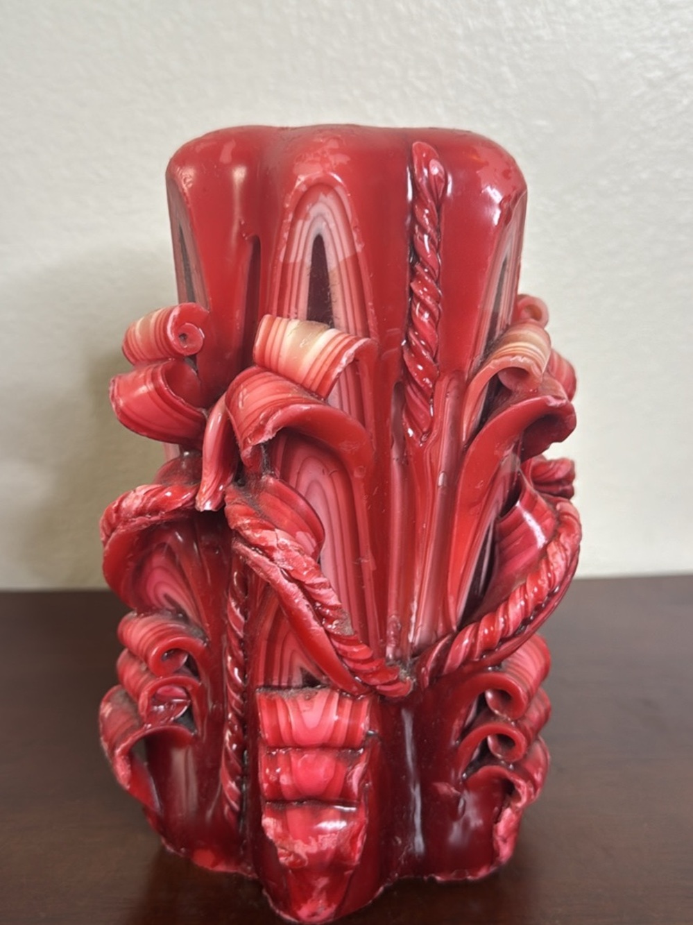 Hand-Carved Red Decorative Candle - Elegant Home Accent